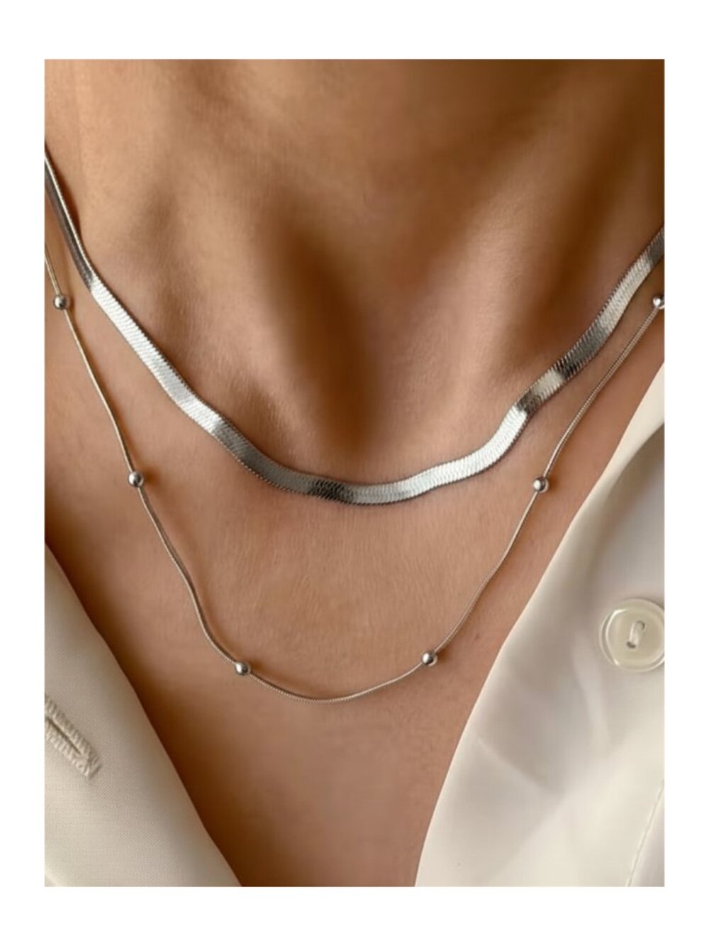 NWT 18K White Gold Plated Stainless Steel Layered Necklace Set Snake Satellite